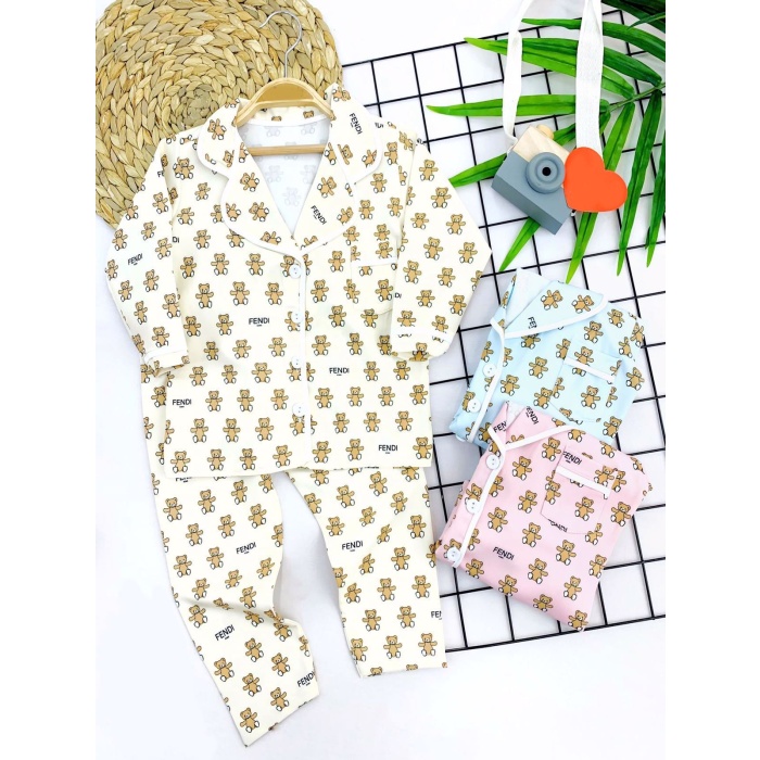 Fendi Baskılı Düğme Kapama 2li Kız Erkek Çocuk Pijama Takımı