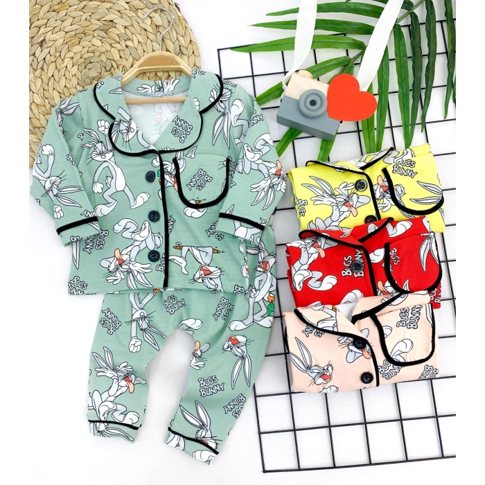 Bugs Bunny Baskılı Düğme Kapama 2li Kız Erkek Bebek Pijama Takımı
