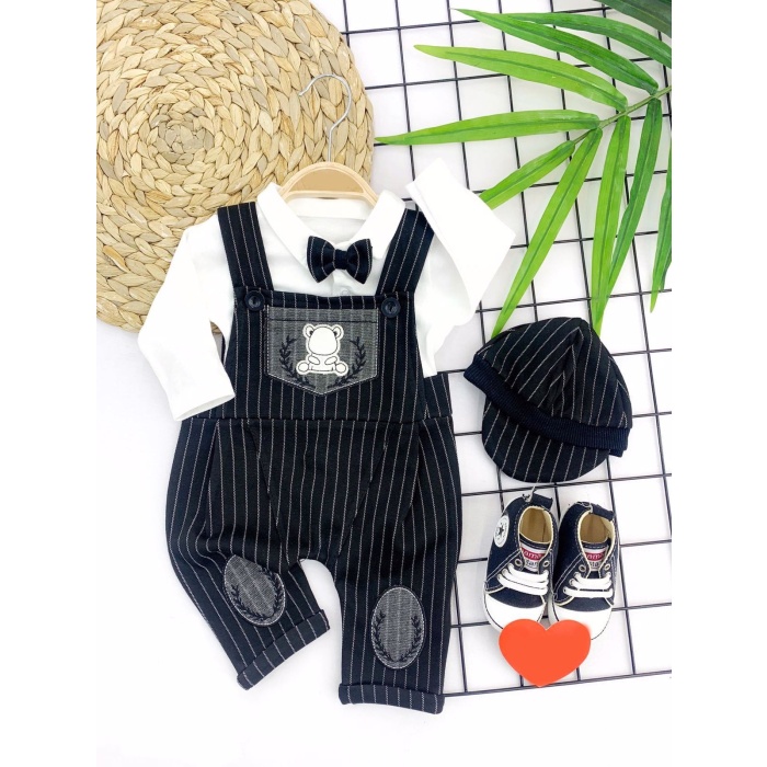 Papyonlu Kasket Şapkalı Ayıcık Nakışlı 2li Erkek Bebek Salopet Takımı