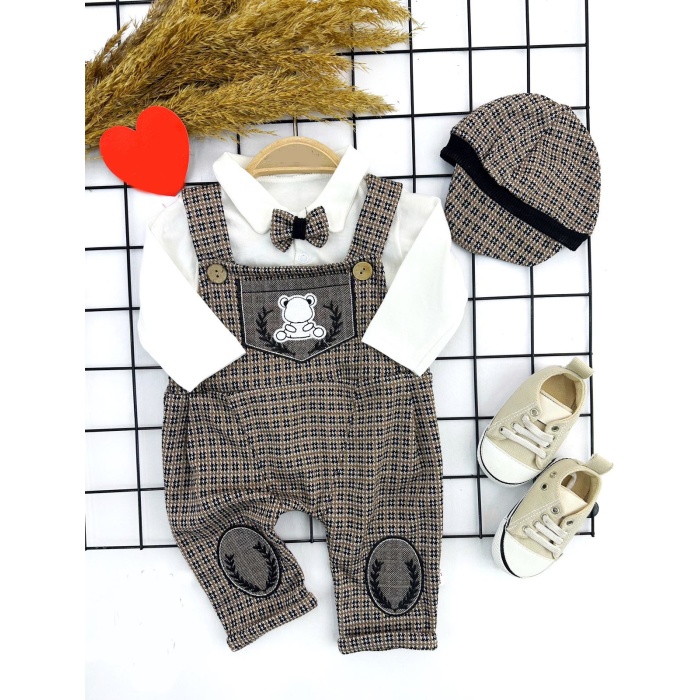 Papyonlu Kırçıl Nakış Detaylı Kasket Şapkalı Uzun Kollu 3lü Erkek Bebek Salopet Takımı