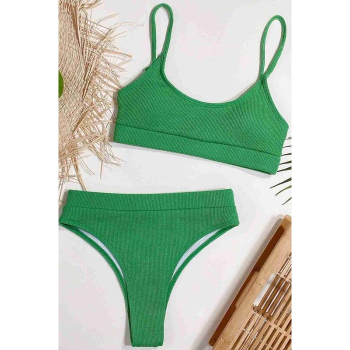 Angelsin Yüksek Bel Fitilli Kumaş Bikini Altı Yeşil Ms43718