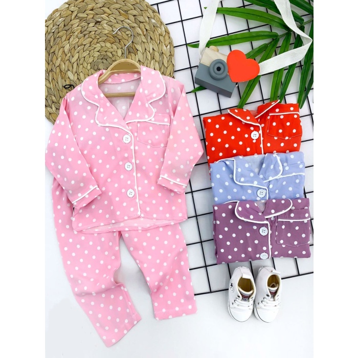 9-12-18-24 Ay Puantiyeli Düğme Kapama 2li Kız Erkek Bebek Pijama Takımı