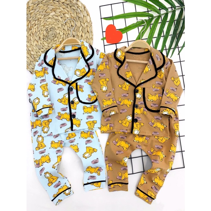 9-12-18-24 Ay Garfield Baskılı Düğme Kapamalı 2li Kız Erkek Bebek Pijama Takımı