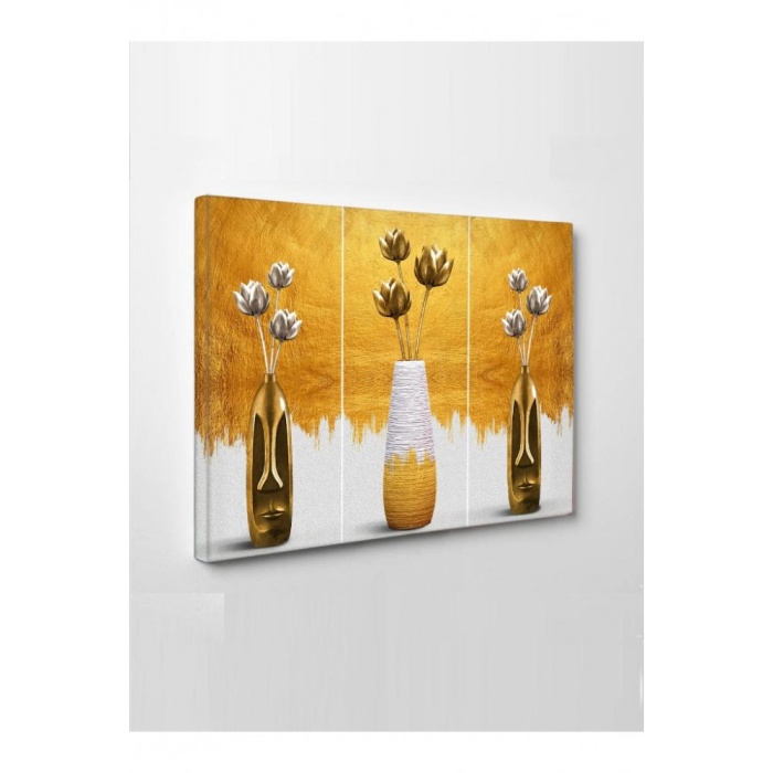 Kanvas Tablo Üçlü Gold Vazo Çok Şık Led Işıklı - 70 x 100 cm