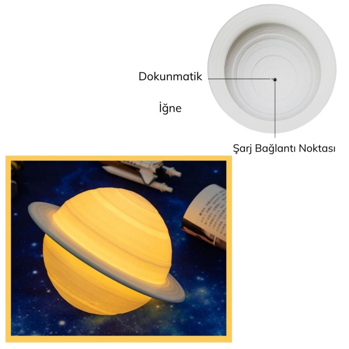 3D Print Satürn Dokunmatik Gezegen Ahşap Stantlı 3 Renk USB Şarjlı Gece Lambası (Kumandasız) (4434)