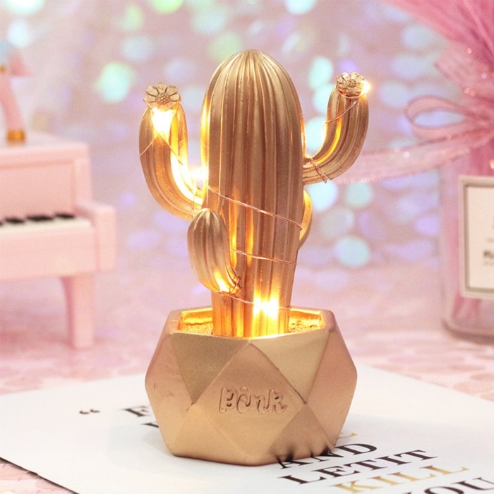 Led Işıklı Sevimli Kaktüs Dekoratif Masa Lambası Mini Biblo Gece Lambası-GOLD (4434)