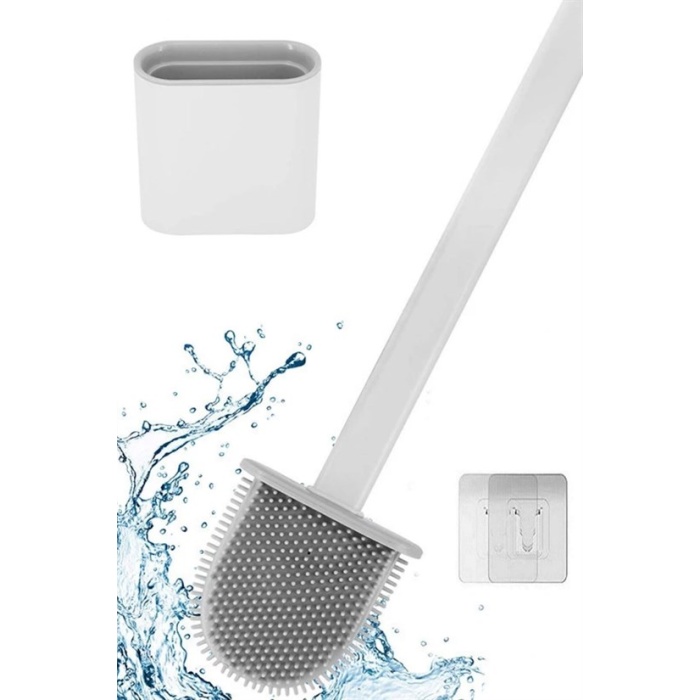 Duvara Monte Edilebilir Kapaklı Askılı Klozet Yumuşak Silikon Başlıklı Tuvalet Fırçası Seti (4434)