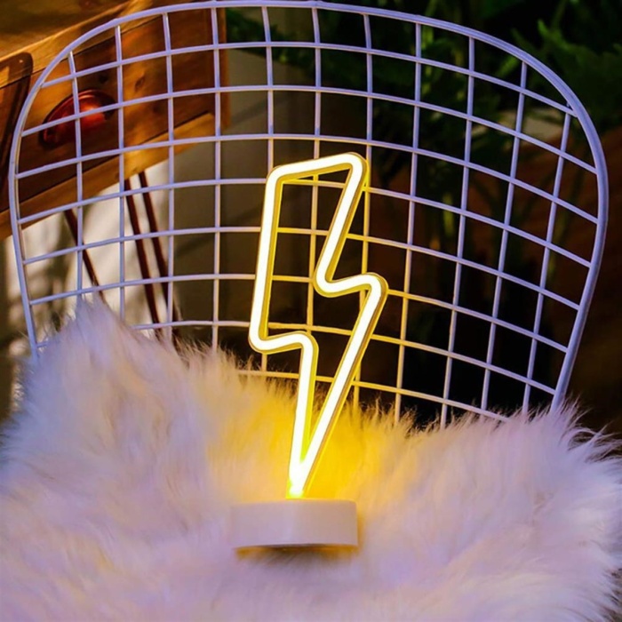 Dekoratif Şimşek Şeklinde Pilli Neon Led Lamba Süs Masa Lambası (4434)