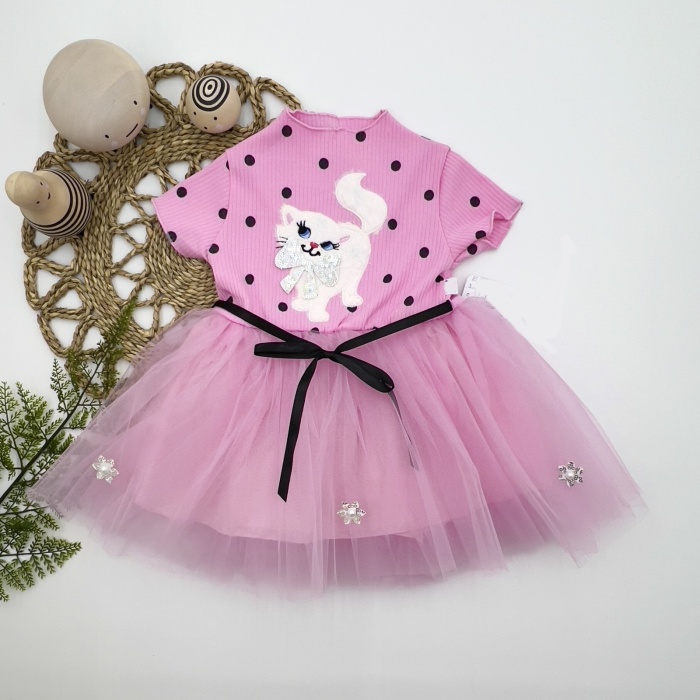 1-2-3 Yaş Payetli Kedicik Baskılı Puantiyeli Kız Bebek Elbisesi