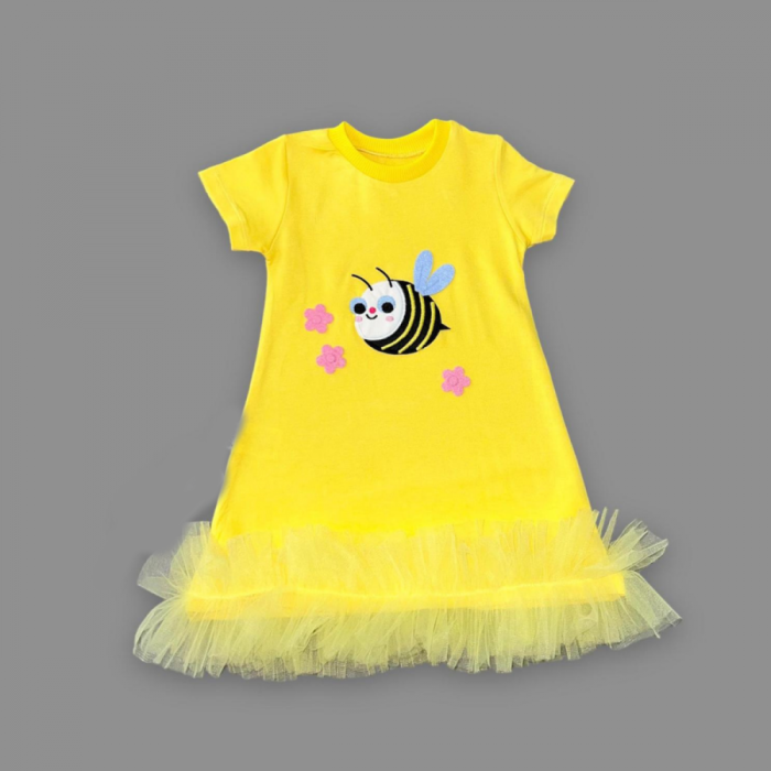 1-2-3 Yaş Arıcık Nakışlı Eteği Fırfırlı Jile Kız Çocuk Elbisesi