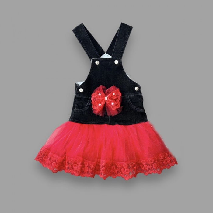 2-3-4 Yaş Fiyonklu Düğme Detaylı Tül Etek Kot Kumaş Salopet Kız Çocuk Elbisesi