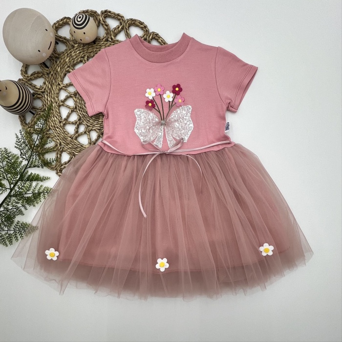 1-2-3 Yaş Tül Fiyonk Çiçekler Nakışlı Astarlı Kız Bebek Tütü Elbisesi