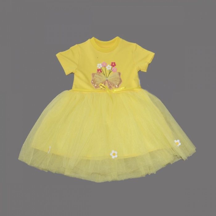 1-2-3 Yaş Tül Fiyonk Çiçekler Nakışlı Astarlı Kız Bebek Tütü Elbisesi