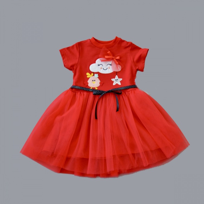 1-2-3 Yaş Tül Tokalı Bulut Civciv Ve Yıldız Nakışlı Kız Bebek Elbisesi