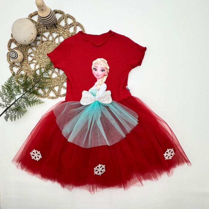 5-6-7 Yaş Elsa Desenli Fiyonklu Tül Etekli Astarlı Kısa Kollu Kız Çocuk Tütü Elbise