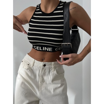 Bantı Yazılı Çizgili Crop Triko Bluz