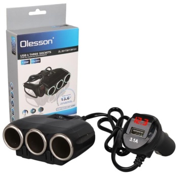 Olesson 1634 12-24V 3Lü Usbli 120W 80Cm Kablolu Dijital Ekranlı Araç Çakmak Çoklayıcı