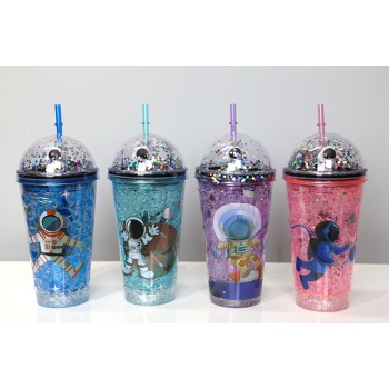 Sevimli Astronot Pipetli Işıklı Pullu Suluk Bardak 400 ml