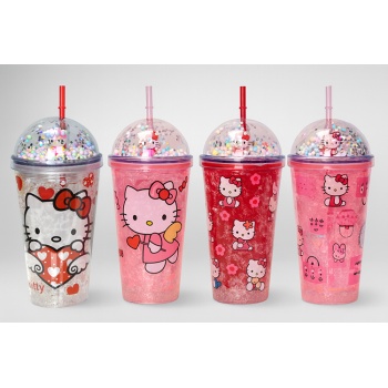 Sevimli Hello Kitty Pipetli Işıklı Boncuklu Suluk Bardak 400 ml