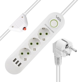Vea VA-21558 3lü 3 USBli 1.5 Metre Akım Korumalı Priz Beyaz