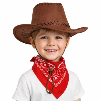 Çocuk Kovboy Şapka Kahverengi ve Kırmızı Bandana Seti