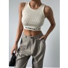Bantı Çift Renk Düz Crop Triko Bluz