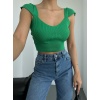 Omuzu Volanlı Crop Triko Bluz