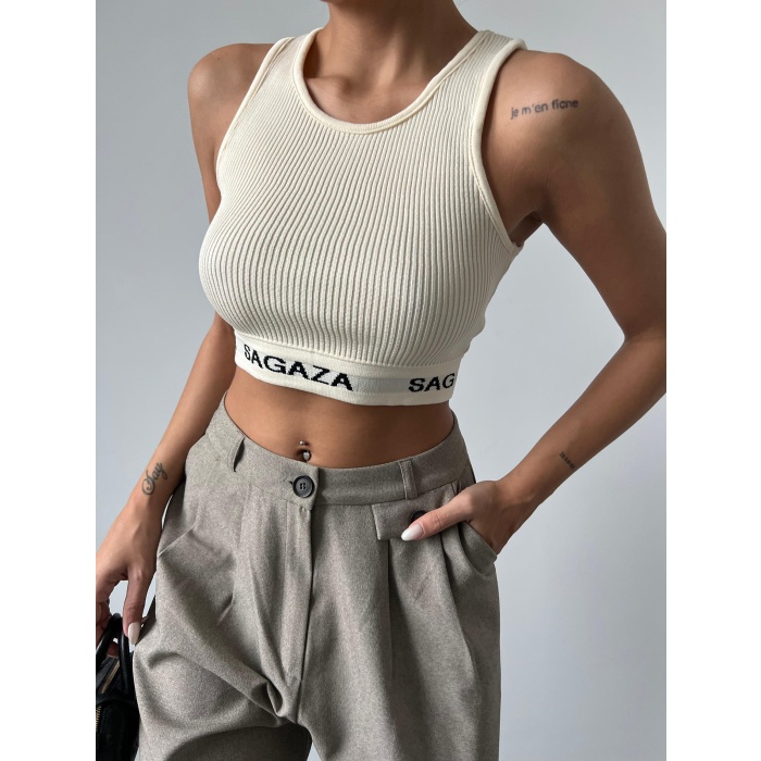 Bantı Çift Renk Düz Crop Triko Bluz