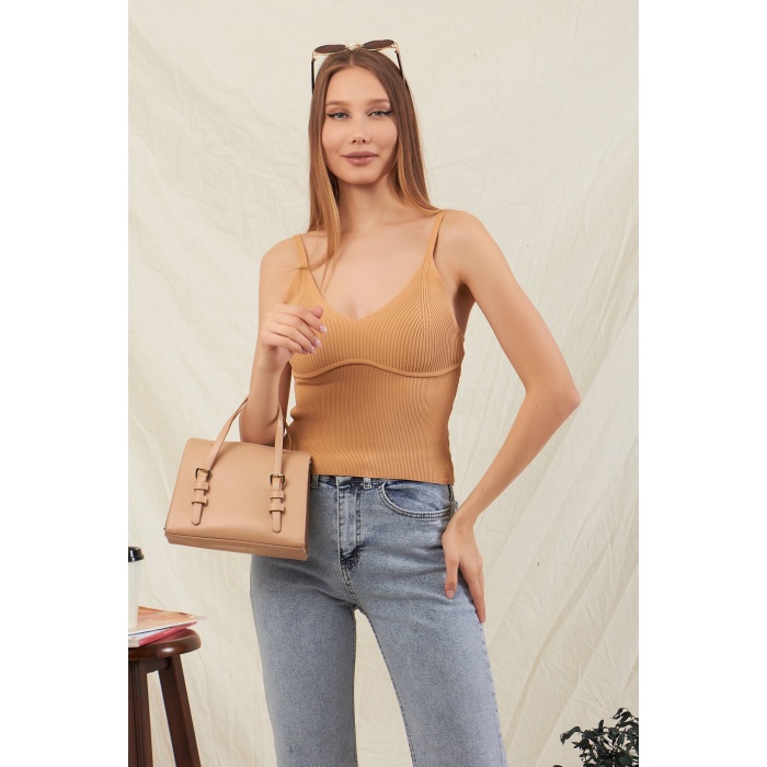 Kadın Bombeli Crop Triko Bluz