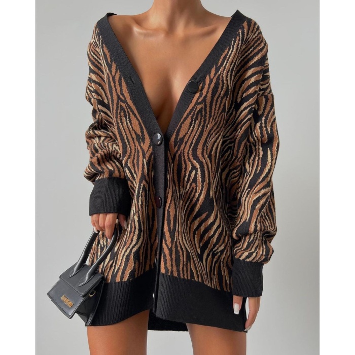 Kadın Zebra Desen Oversize Triko Hırka