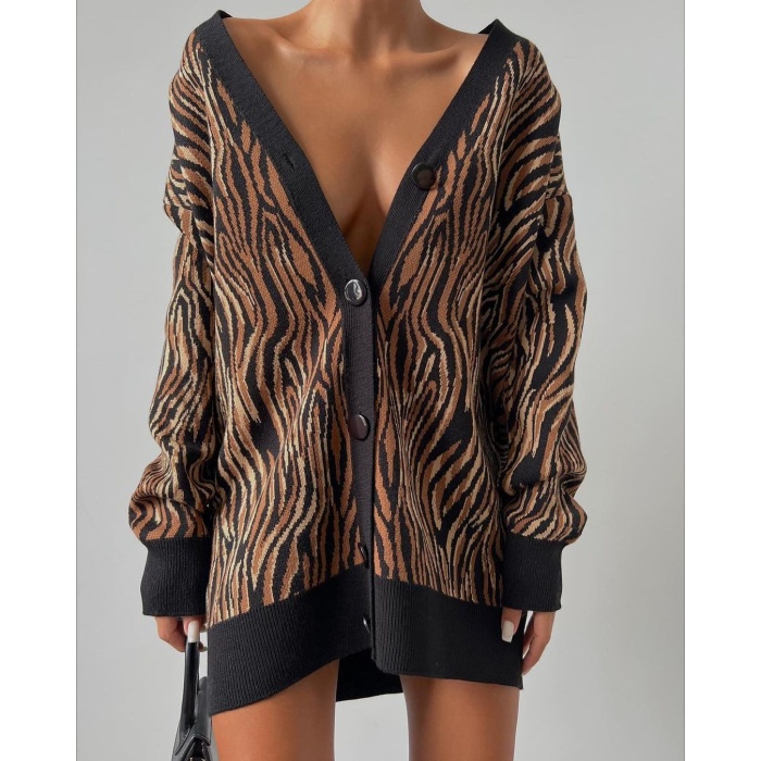 Kadın Zebra Desen Oversize Triko Hırka