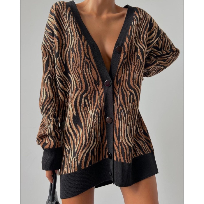 Kadın Zebra Desen Oversize Triko Hırka
