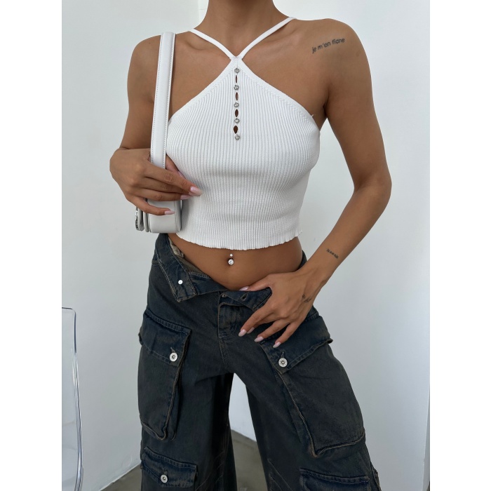 Kadın Çapraz Askılı Taş Detaylı Crop Triko Bluz