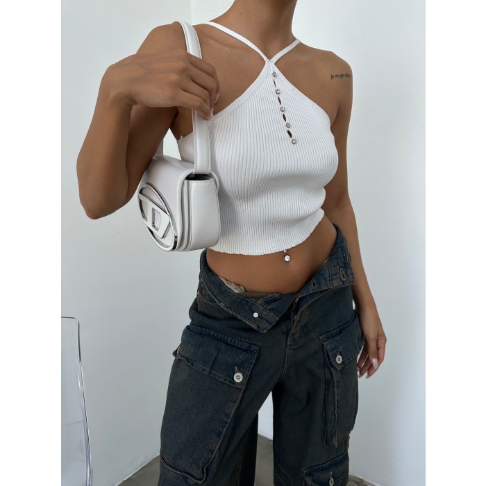 Kadın Çapraz Askılı Taş Detaylı Crop Triko Bluz
