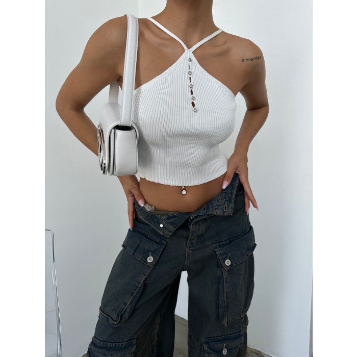 Kadın Çapraz Askılı Taş Detaylı Crop Triko Bluz