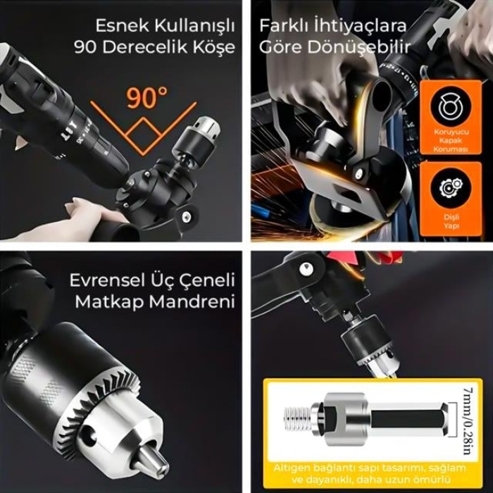 PowerMaster PM-26256 Mandrenli 90 Derece Açılı Universal Matkap Başlık Seti Adaptörü