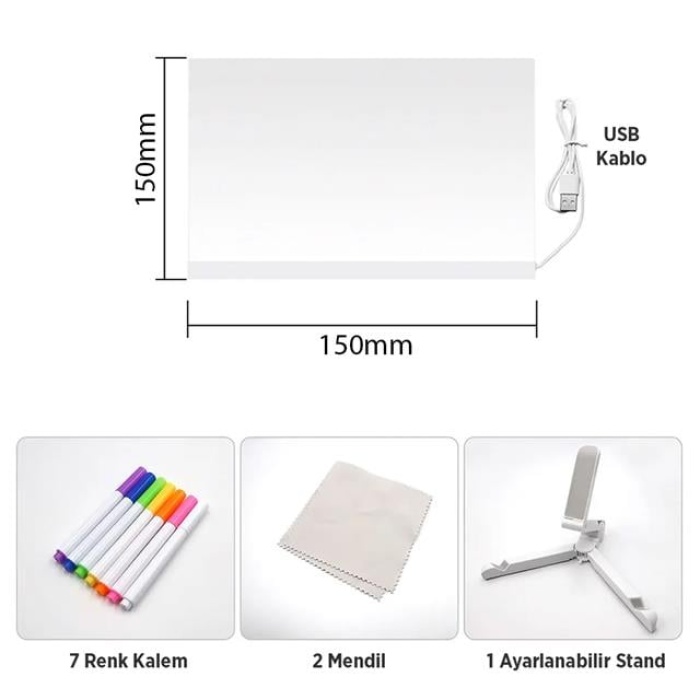 Sunup SN-27126 Dekoratif LED Aydınlatmalı Şeffaf Işıltılı Yazı - Çizim Panosu Tableti - 7 Renk Kalemli Set