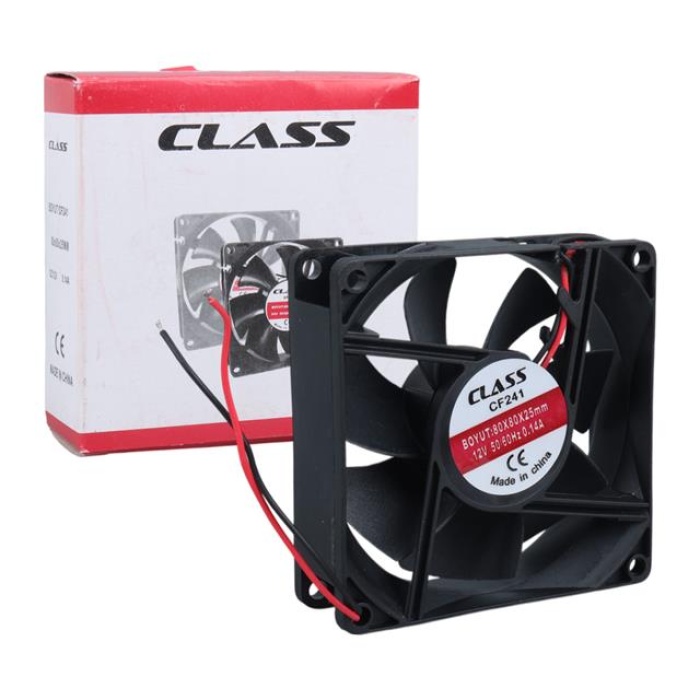 Class CF-241 DC12V 80x80x25mm Aksiyel Fan - 20cm Siyah-Kırmızı Güç Kablolu