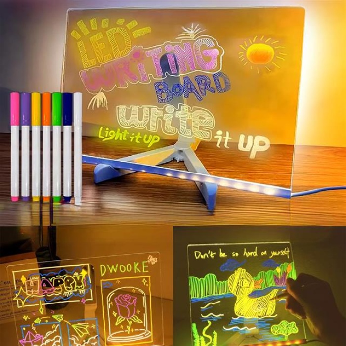 Sunup SN-27128 Dekoratif LED Aydınlatmalı Şeffaf Işıltılı Yazı - Çizim Panosu Tableti - 7 Renk Kalemli Set