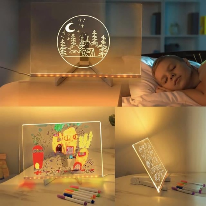 Sunup SN-27128 Dekoratif LED Aydınlatmalı Şeffaf Işıltılı Yazı - Çizim Panosu Tableti - 7 Renk Kalemli Set