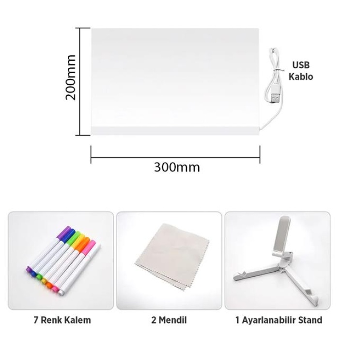 Sunup SN-27128 Dekoratif LED Aydınlatmalı Şeffaf Işıltılı Yazı - Çizim Panosu Tableti - 7 Renk Kalemli Set