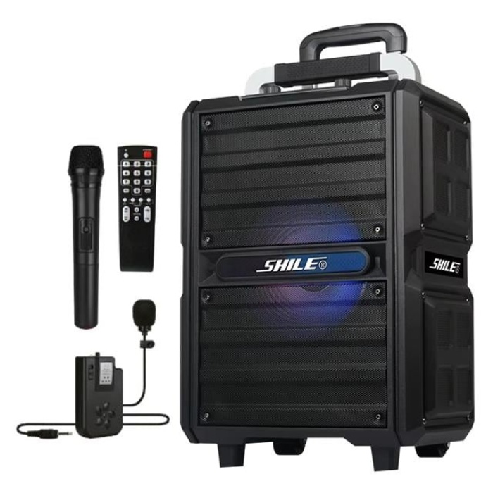 Shile SL-2017 50 Watt Taşınabilir Seyyar Aktif Amfi Hoparlör Kablosuz EL + Yaka Mikrofonlu USB+SD+BT Kumandalı