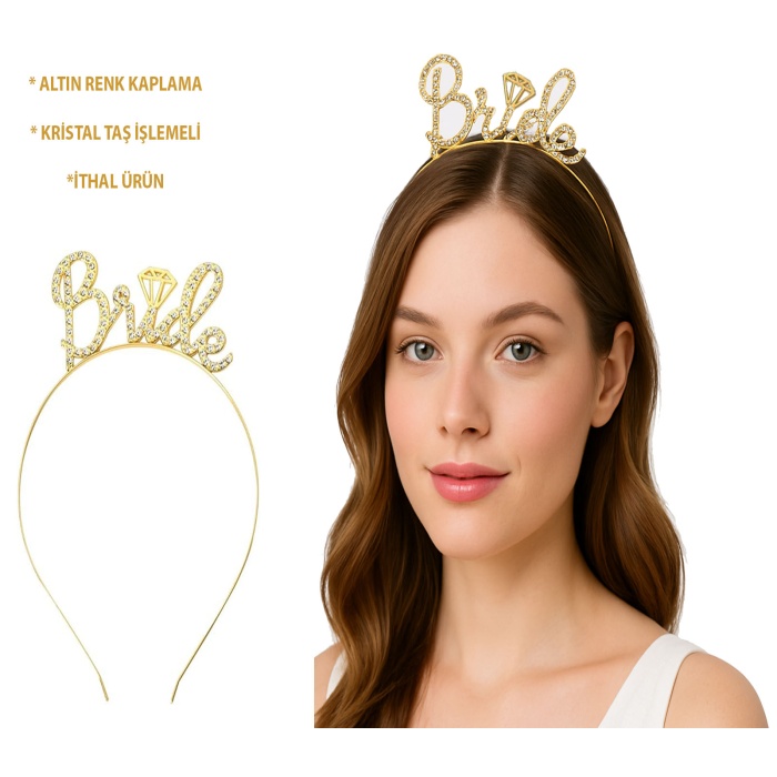 Altın Renkli Taşlı “Bride” Gelin Tacı