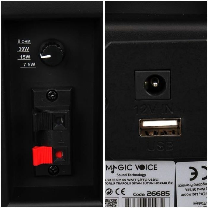 MagicVoice MV-03 16 CM 60 Watt Komütatörlü Hat Trafolu Siyah Sütun Hoparlör (2li Takım)