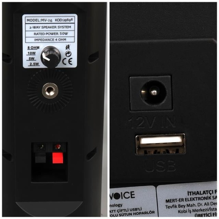 MagicVoice MV-26 2x7.5 CM 50 Watt Komütatörlü Hat Trafolu Siyah Sütun Hoparlör (2li Takım)