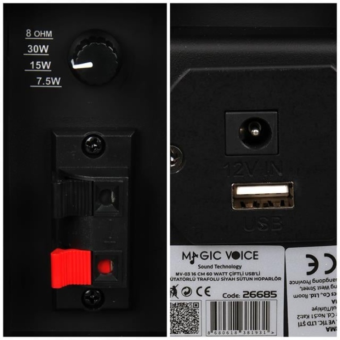 MagicVoice MV-19 2x7.5 CM 40 Watt Komütatörlü Hat Trafolu Siyah Sütun Hoparlör (2li Takım)