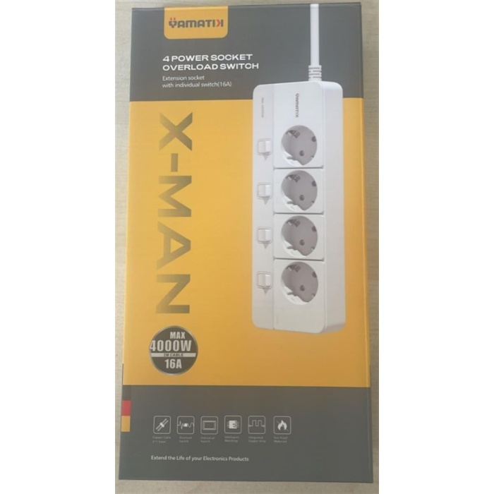 Yamatik X-MAN-104 A-CLASS 4lü Ayrı Anahtarlı 2 Metre Akım Korumalı Grup Priz 1400 Joule