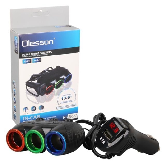 Olesson 1633 12-24V 3Lü Usbli 120W 80Cm Kablolu Dijital Ekranlı Araç Çakmak Çoklayıcı