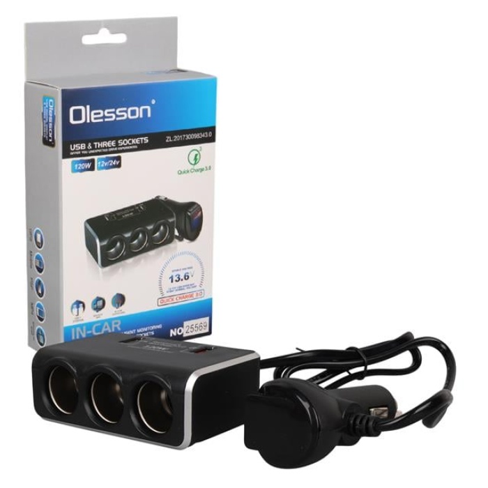 Olesson 1639 12-24V 3Lü Çift Usbli 120W 80Cm Kablolu Dijital Ekranlı Araç Çakmak Çoklayıcı
