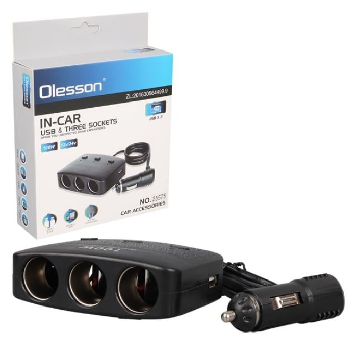 Olesson 1636 12-24V Çift USB Girişli 100W 70 CM Kablolu 3LÜ Araç Çakmak Çoklayıcı